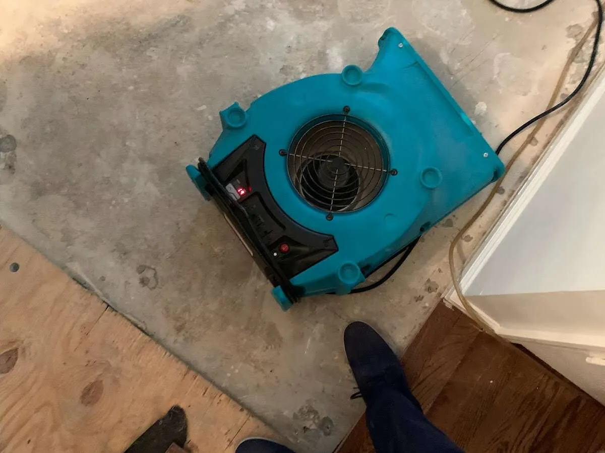 Air mover drying subfloor during Leak Detection & Repair in Highland Park